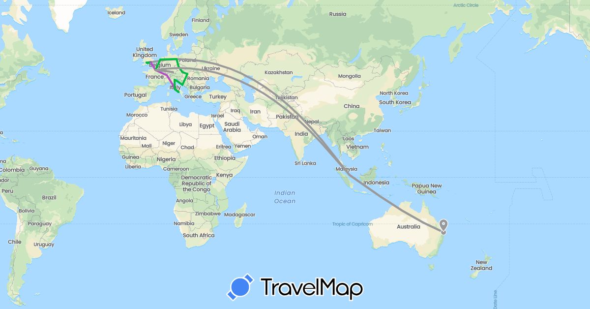 TravelMap itinerary: driving, bus, plane, train in Austria, Australia, Switzerland, Czech Republic, Germany, France, United Kingdom, Croatia, Hungary, Italy, Netherlands, Singapore (Asia, Europe, Oceania)